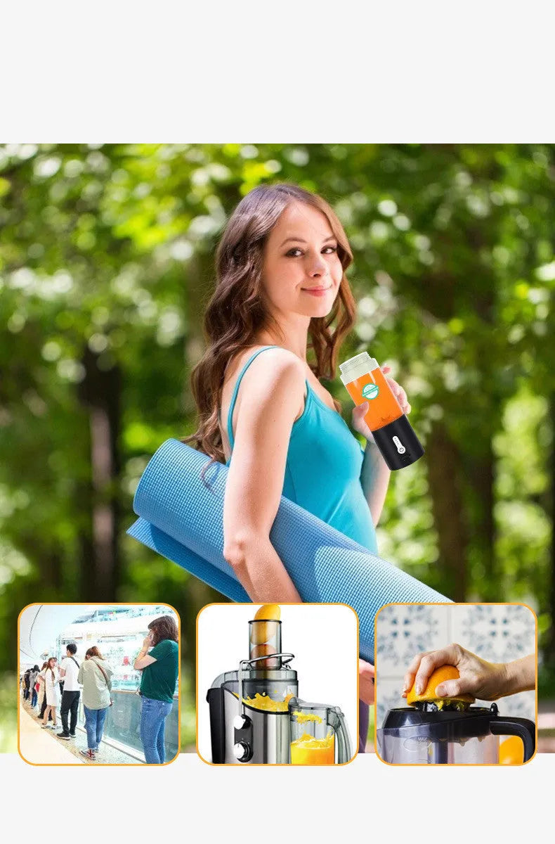Black rechargeable portable juicer with USB charging port, 530ml capacity, and PC food grade plastic liner