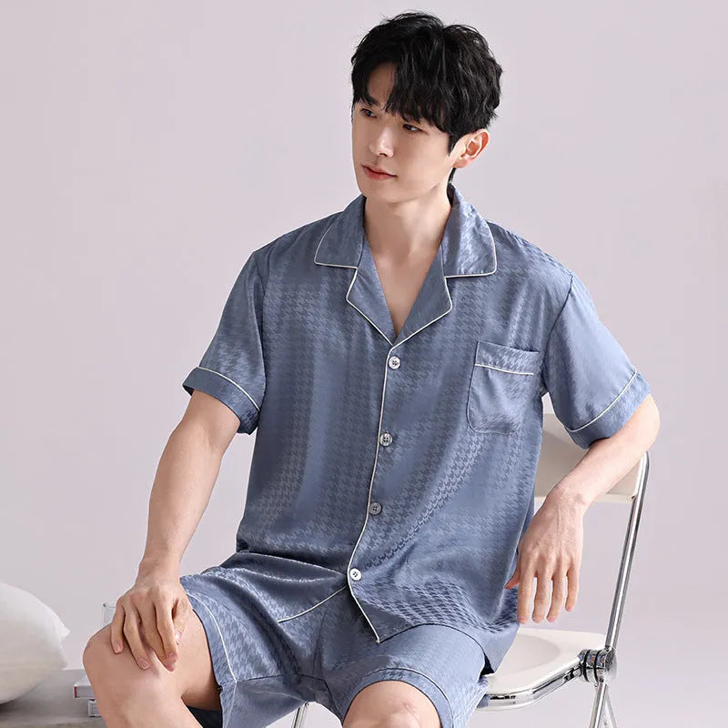 Men's ice silk pyjamas set showing cardigan top and shorts in satin jacquard pattern