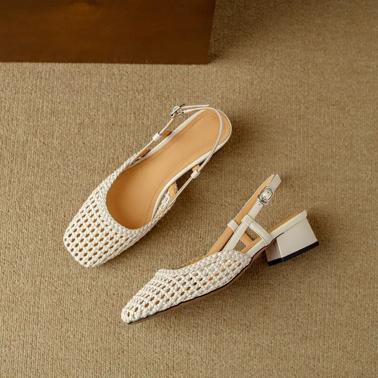 Women's woven hollow-out closed toe sandals with chunky 4cm heel and belt buckle closure