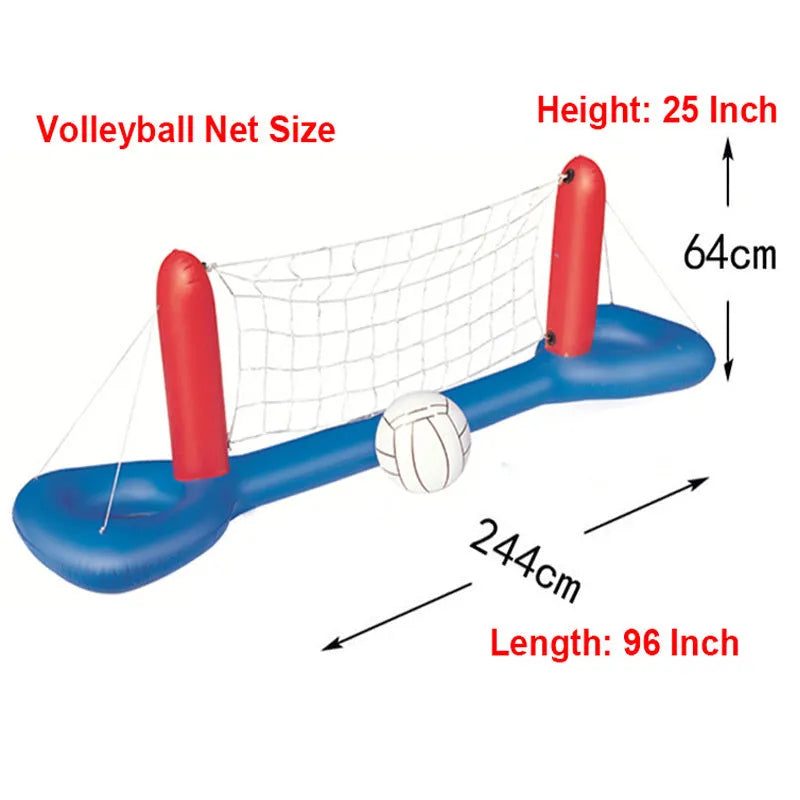Inflatable pool basketball hoop and ring toss game set floating on water near a swimming pool