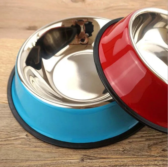 Stainless steel pet bowl with colourful melamine outer pot showing non-slip rubber base