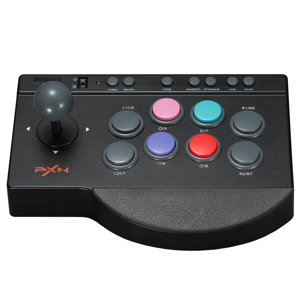 Black arcade stick game machine with joystick and buttons for fighting games