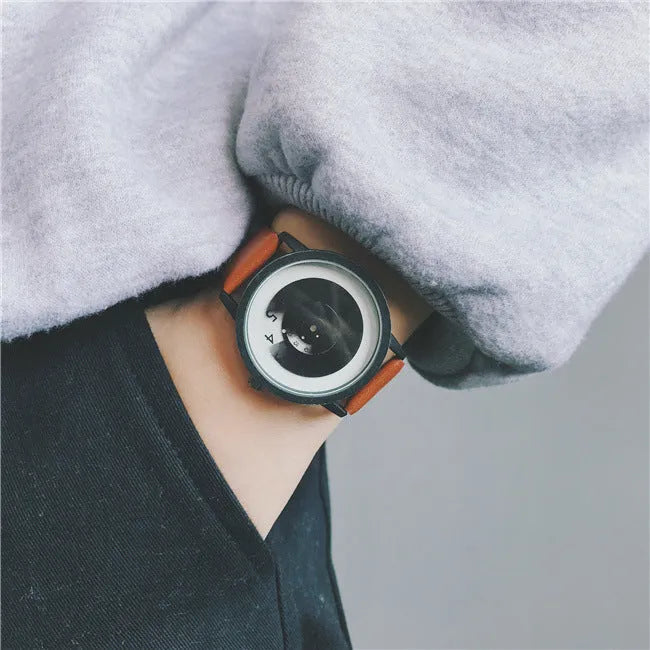 Casual unisex handless watch with pointer display, round dial, alloy case, and imitation leather strap on wrist