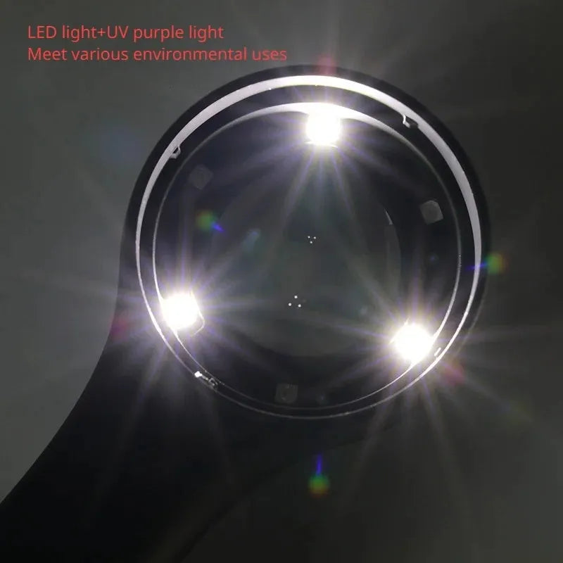 Black and silver metallic appraisal magnifying glass with 30mm optical glass lens and USB-C cable.