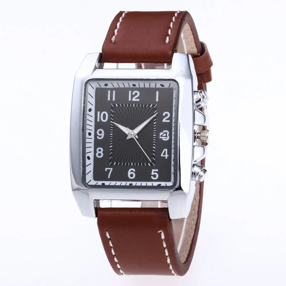 Men's quartz analogue watch with leather band and metal case, easy to read dial