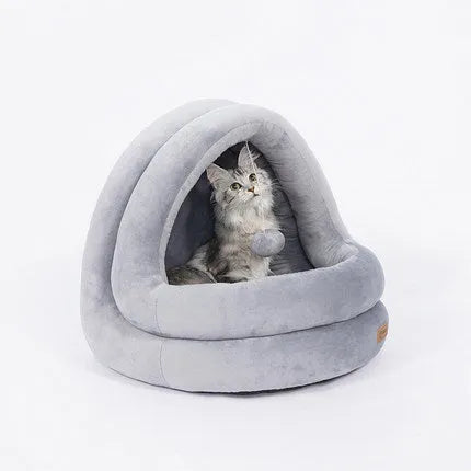 Cat house bed in crystal velvet with removable mattress, small size 42x40x38cm, Beige grey colour
