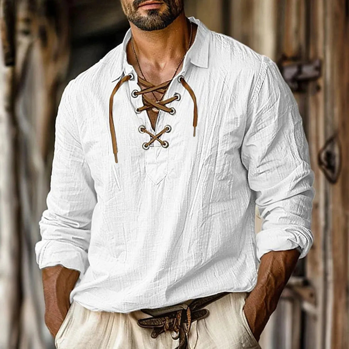 Men's loose fit plus size linen shirt with lapel collar and lace detailing in a solid colour.