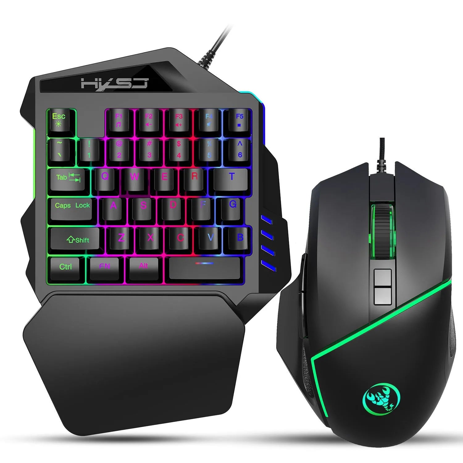 Black wired gaming mouse with 8 buttons, adjustable DPI, and 7-color breathing light on a desk