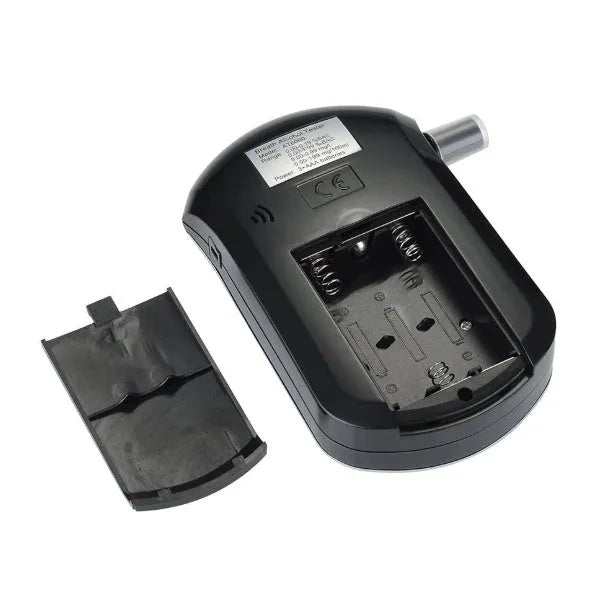 Black portable personal alcohol tester with digital screen and mouthpiece