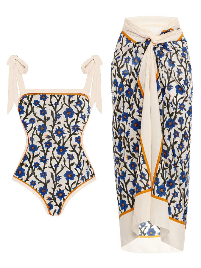 Women's floral print chiffon swimsuit with matching skirt for swimming