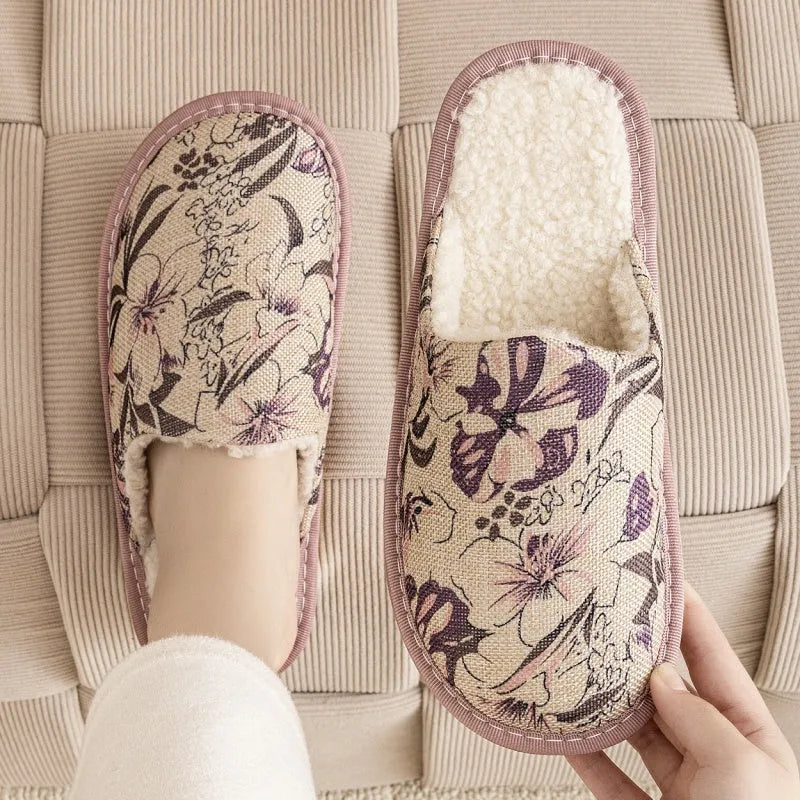 Winter cotton slippers with linen surface, PVC sole, available in floral colours and precise centimetre sizes