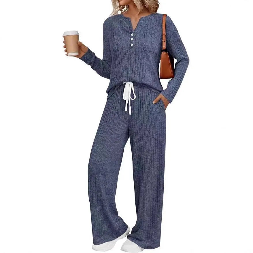 Women's V-neck knit long coat with lace-up detail and matching trousers in street fashion style