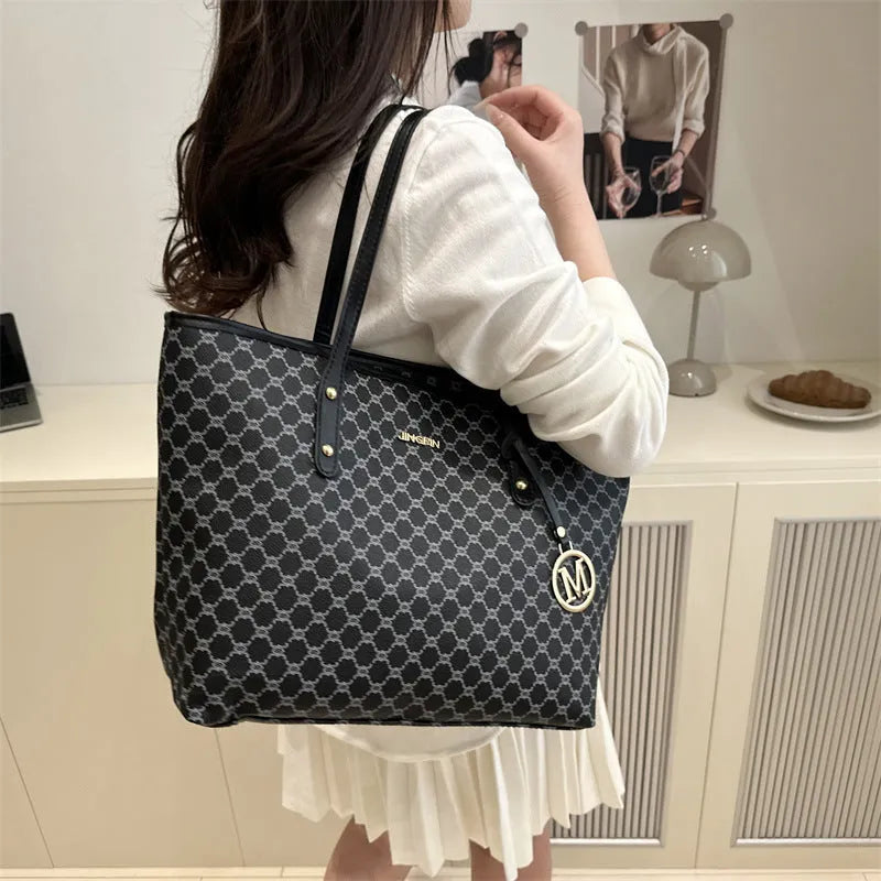 Black PU leather street-style shoulder bag with sewing thread detail, shown next to grey, brown, and white colour options.