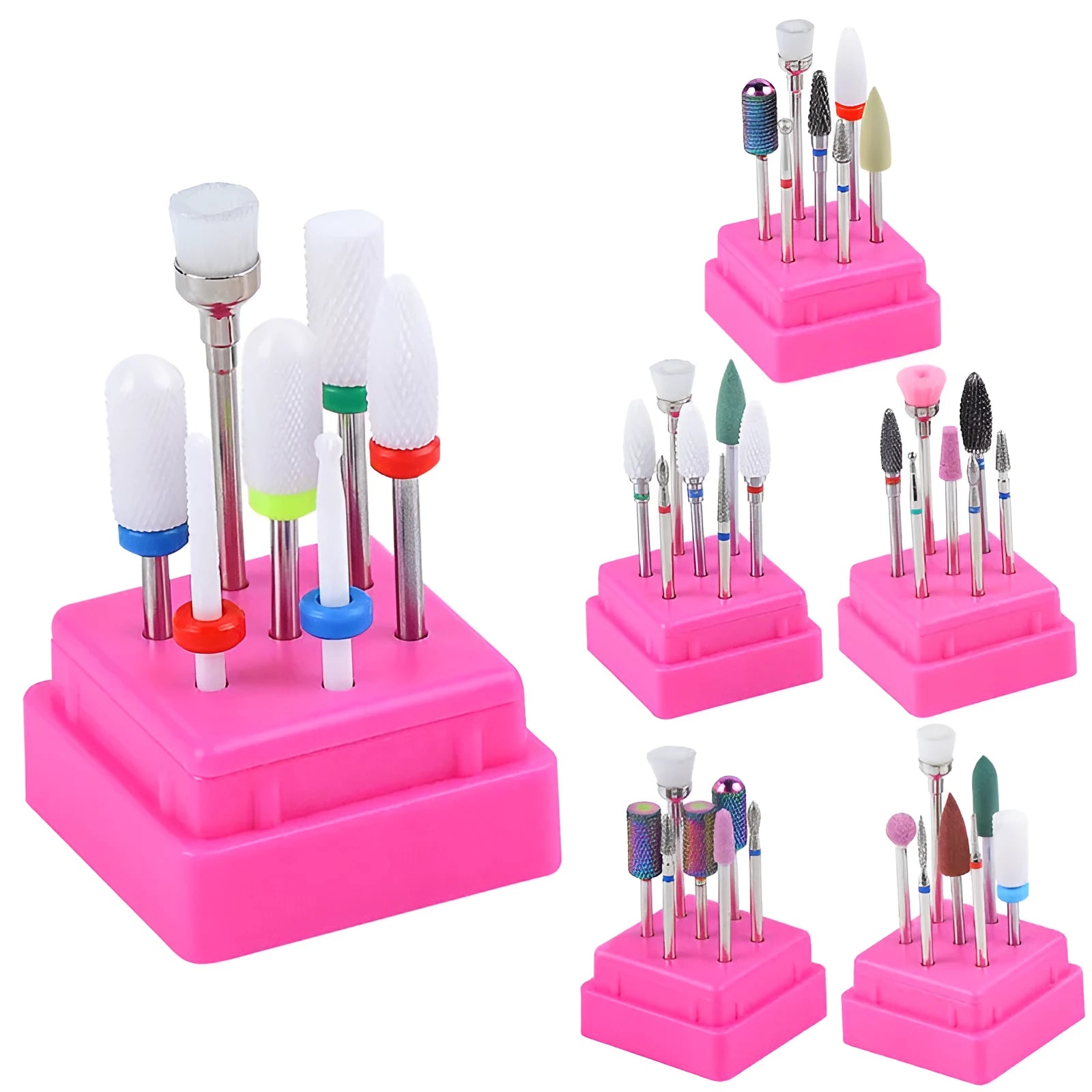Tungsten steel nail drill polishing head set with 7 bits and a brush in a transparent case.