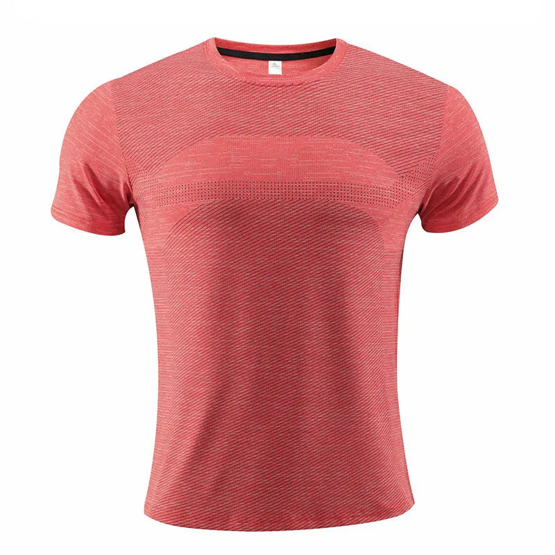 Short sleeve sports t-shirt for running in polyester spandex fabric, shown in red colour.