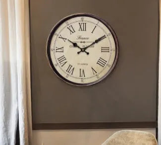 Vintage digital wall clock with silent sweep movement, 14 inch diameter, EO grade MDF face, showing black frame and white dial with Roman numerals.