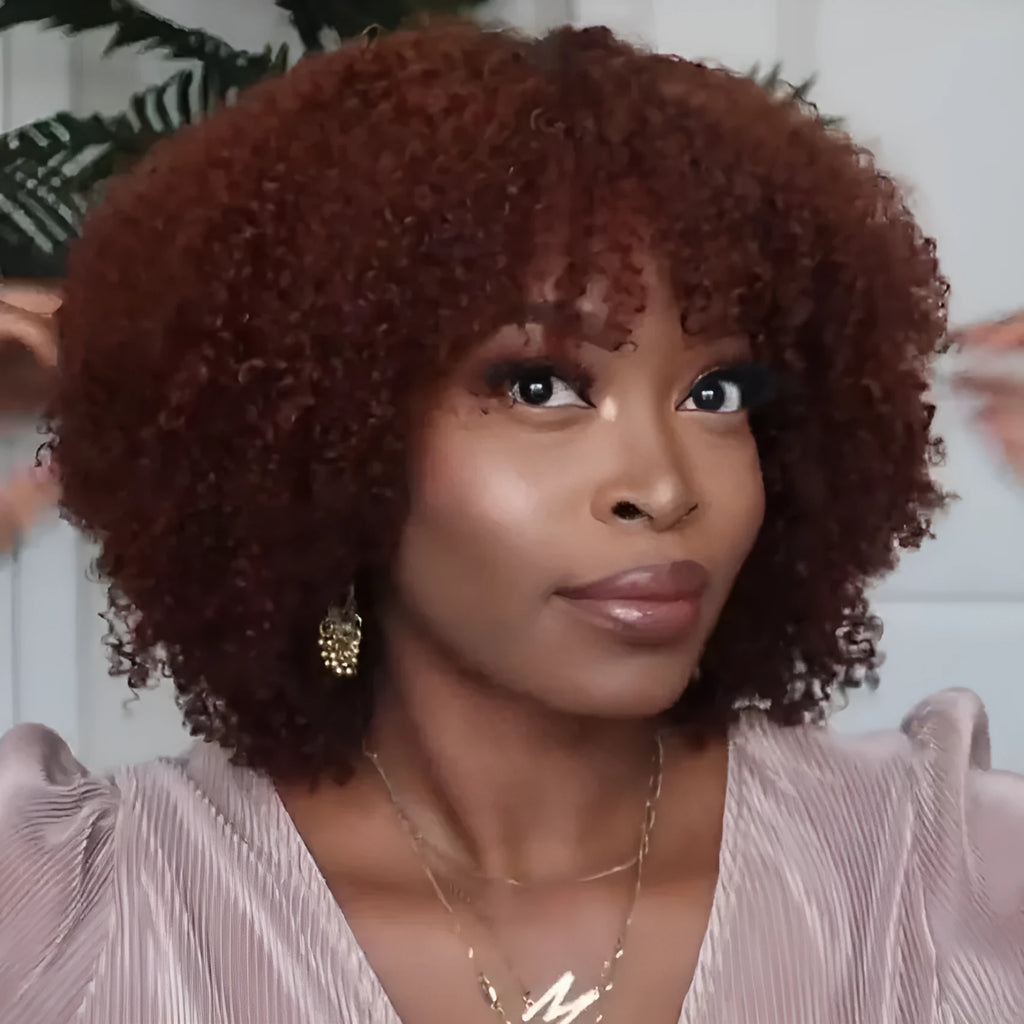 Short curly high temperature silk wig in reddish brown with Qi bangs for women, exotic European-American style