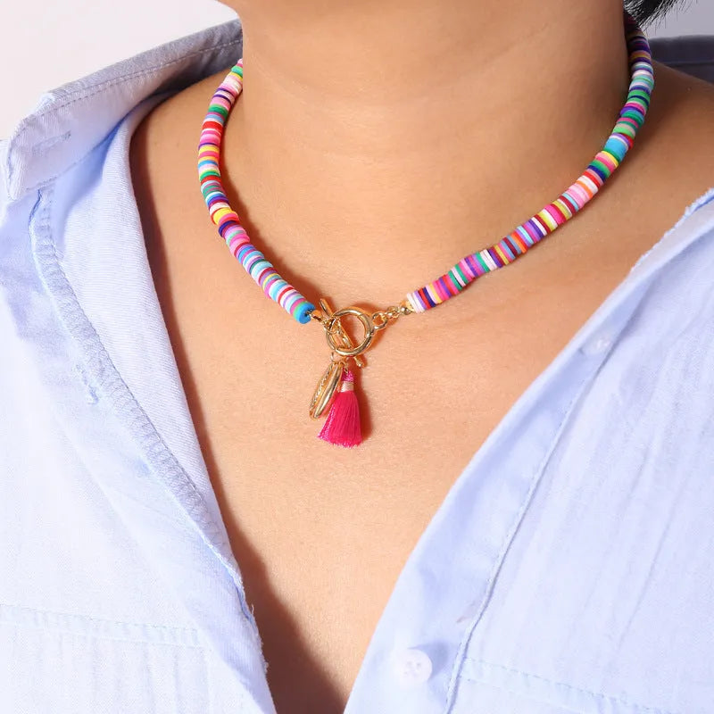 Bohemian shell necklace with tassel for women, 40cm adjustable chain, blue colour option
