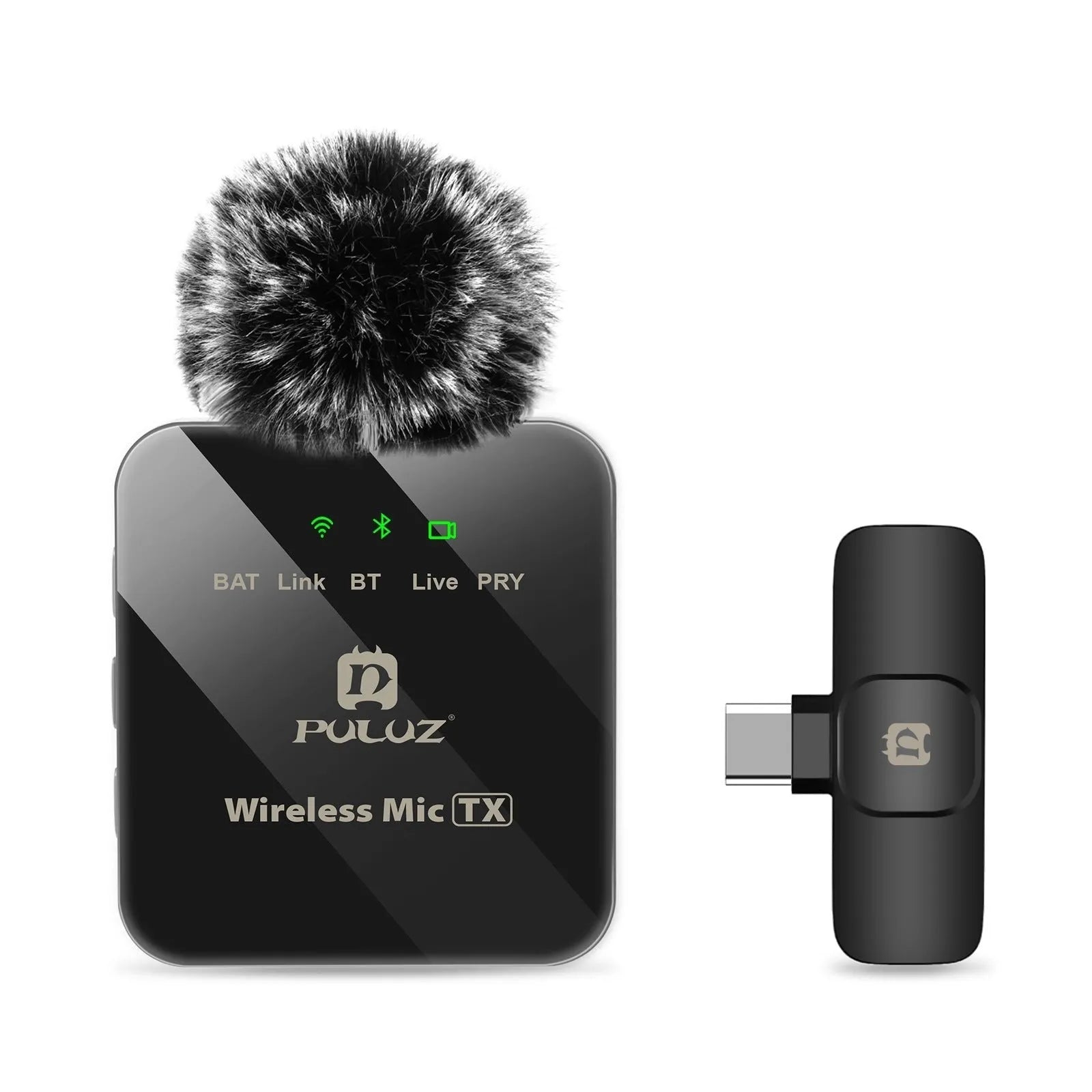 Wireless carbon fibre neckline clip microphone transmitter on a black background with storage box and accessories