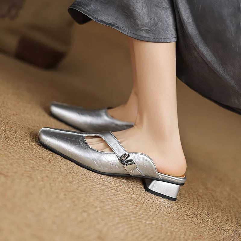 British style square head casual slippers in beige with an artificial PU upper and rubber sole.