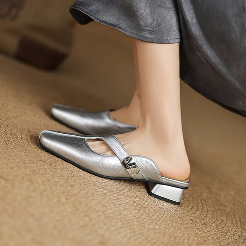 British style square head casual slippers in beige with an artificial PU upper and rubber sole.