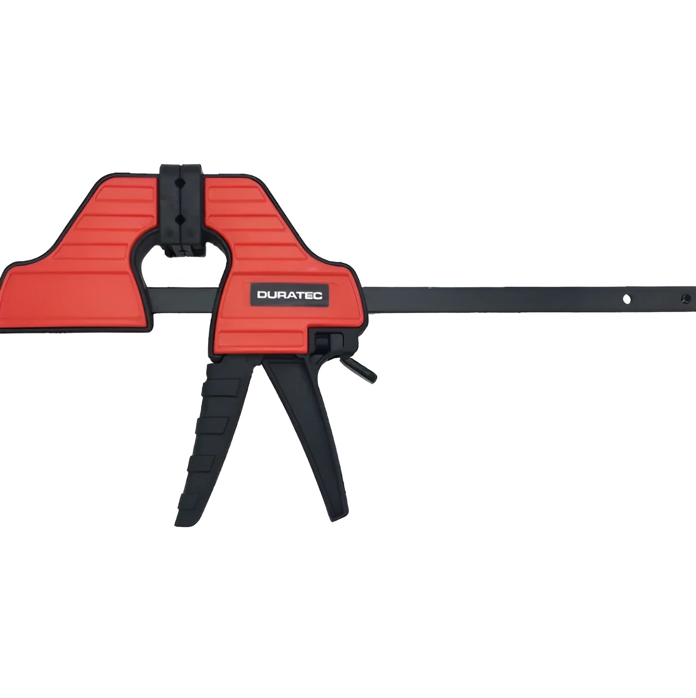 Black plastic woodworking clamp with quick-release lever and soft rubber grip pads