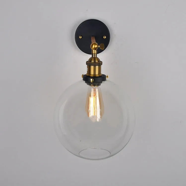 20cm round ball glass wall lamp with aluminium holder in amber, smoky grey or transparent