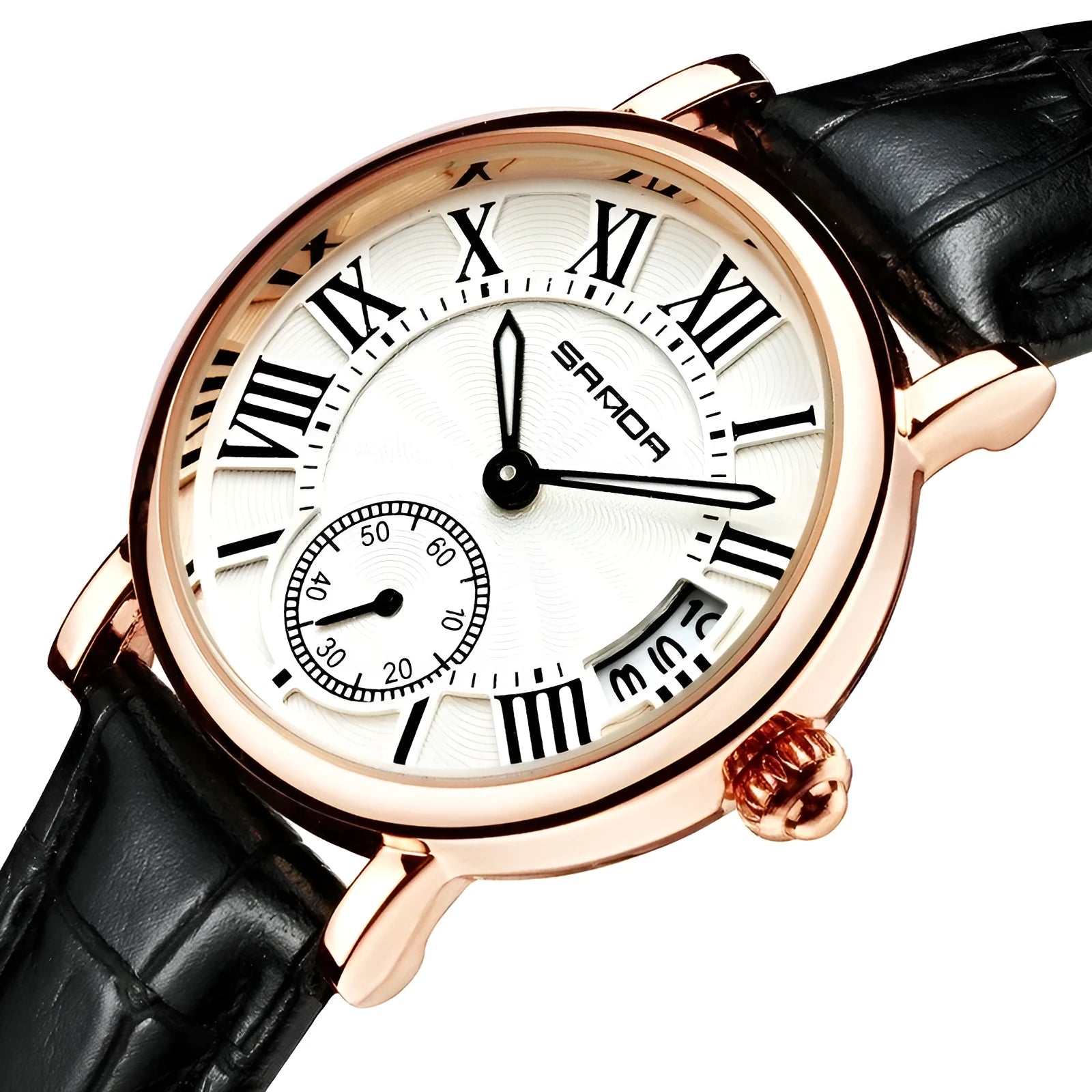 Women's waterproof quartz watch with round 32mm dial, leather strap, and onion crown