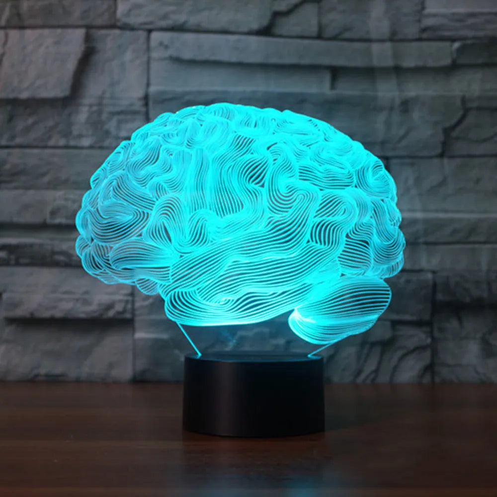 Brain-shaped 3D acrylic LED desk lamp with colour-changing lights on square black ABS base
