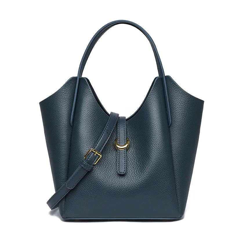 Genuine leather women's hand holding bucket bag in retro style with large capacity