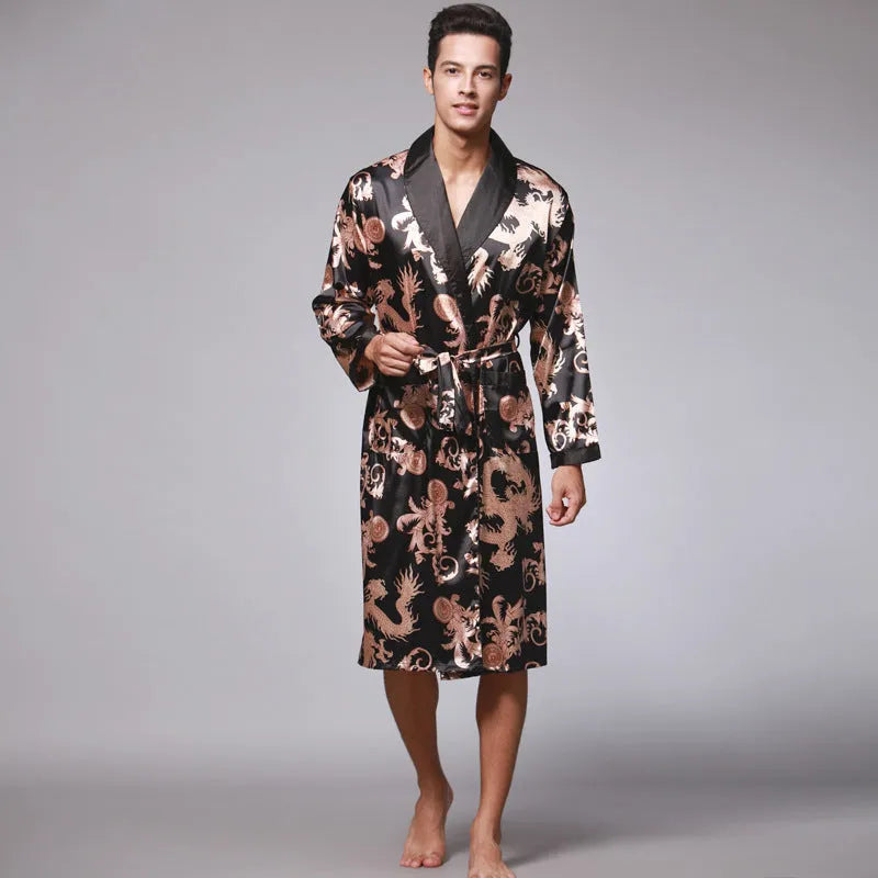 Men silk robe in wine red with V-neck and long sleeves, satin fabric with 95% modal, available in sizes L to 3XL