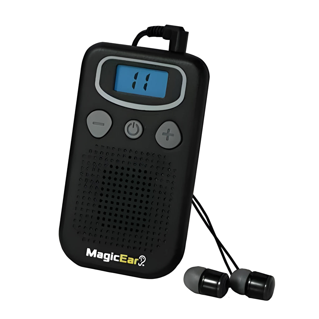 Digital display personal hearing aid booster in brilliant colour with handheld FM radio design.