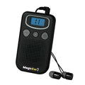 Digital display personal hearing aid booster in brilliant colour with handheld FM radio design.