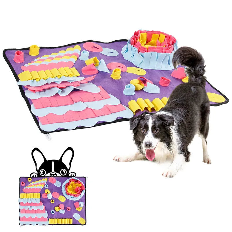 Large purple needle felt dog sniff pad with folds for hiding treats, measuring 70 by 50 centimetres