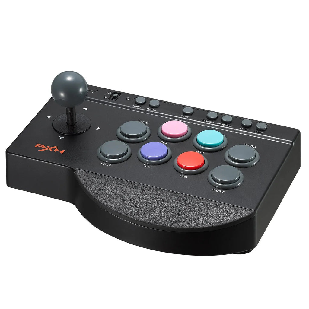 Black arcade stick game machine with joystick and buttons for fighting games
