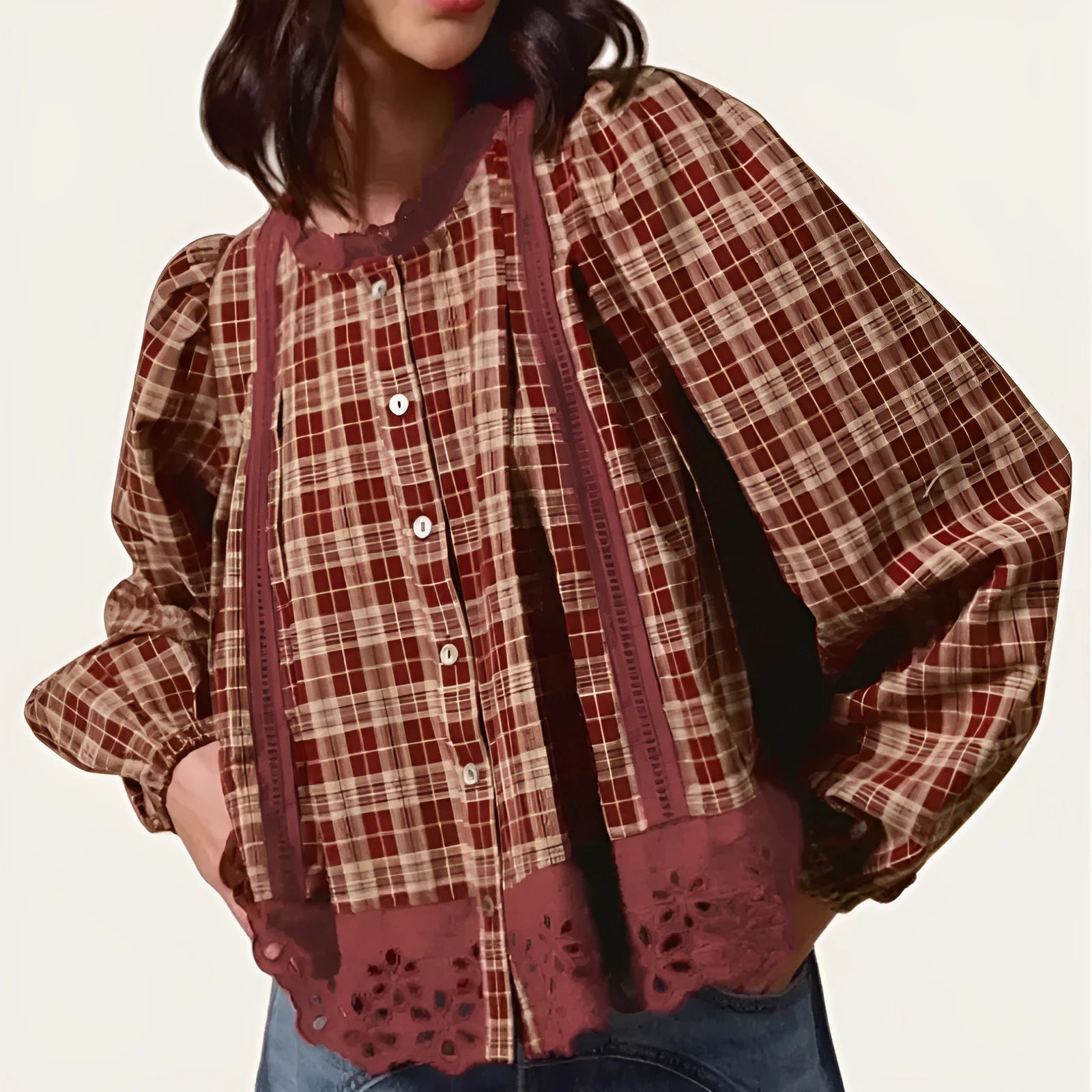 Red dahlia check hollow lace edge loose long sleeve cotton shirt for women