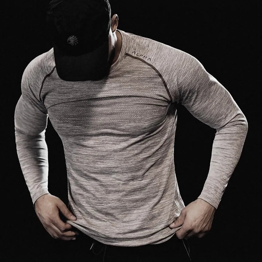 Men long sleeve mesh breathable gym T-shirt in black, crew-neck, heavy jersey fabric, size M to XXL