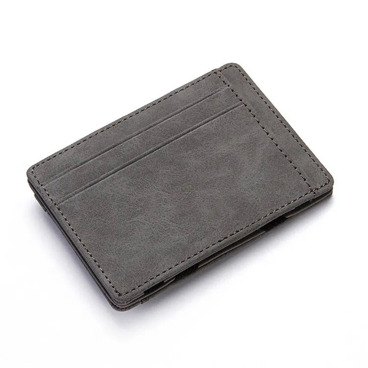 PU creative magic wallet in solid colour showing flip card holder and zipper coin purse with sewing line details.