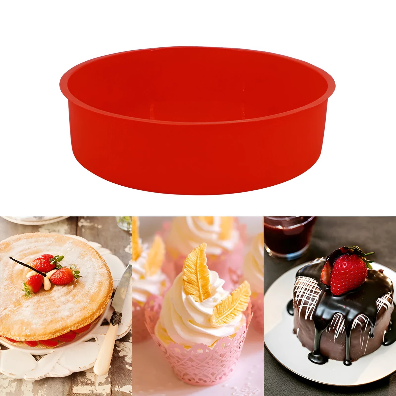 Red round silicone cake mould on a baking tray showing 8 inch size with smooth interior