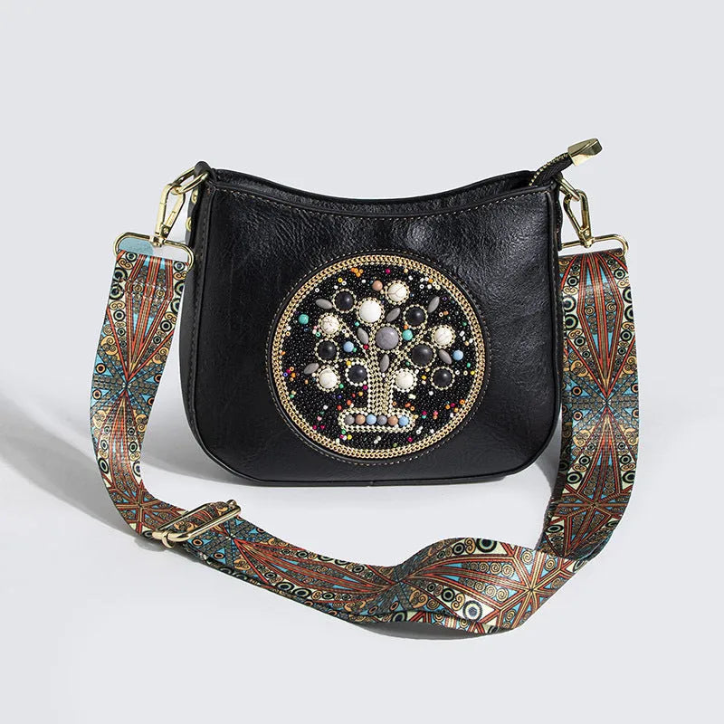 Straw bead turquoise ethnic style tote bucket crossbody bag with flower detail