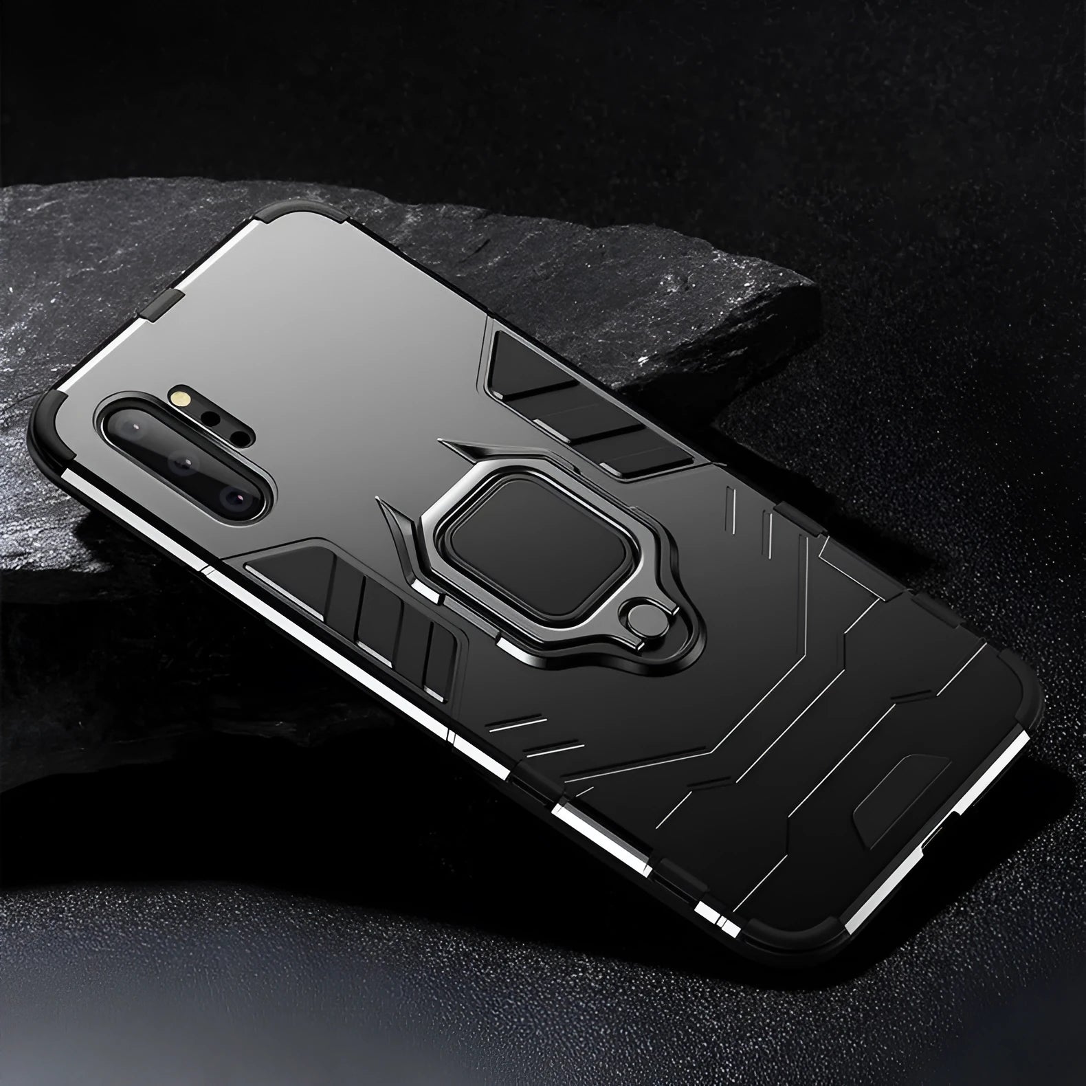 Iron Man magnetic Samsung phone case in black showing integrated metal ring on back.