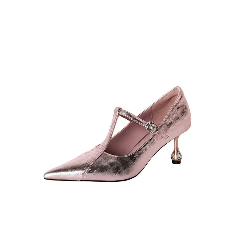 Genuine leather Mary Jane high heel shoes with chunky heel and pointed toe in gun colour