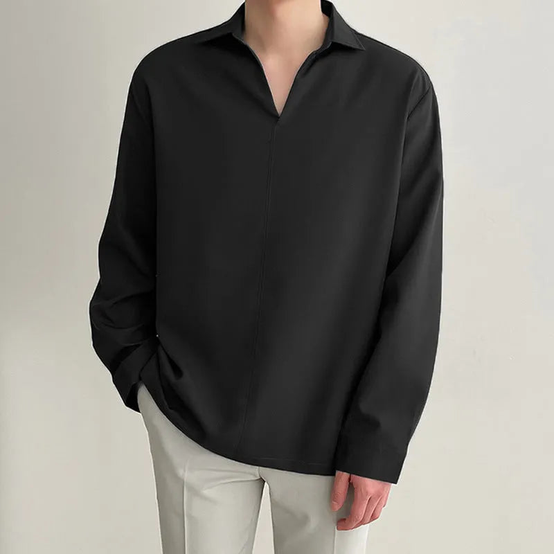 Loose lapel casual pullover shirt in solid colour on a hanger.
