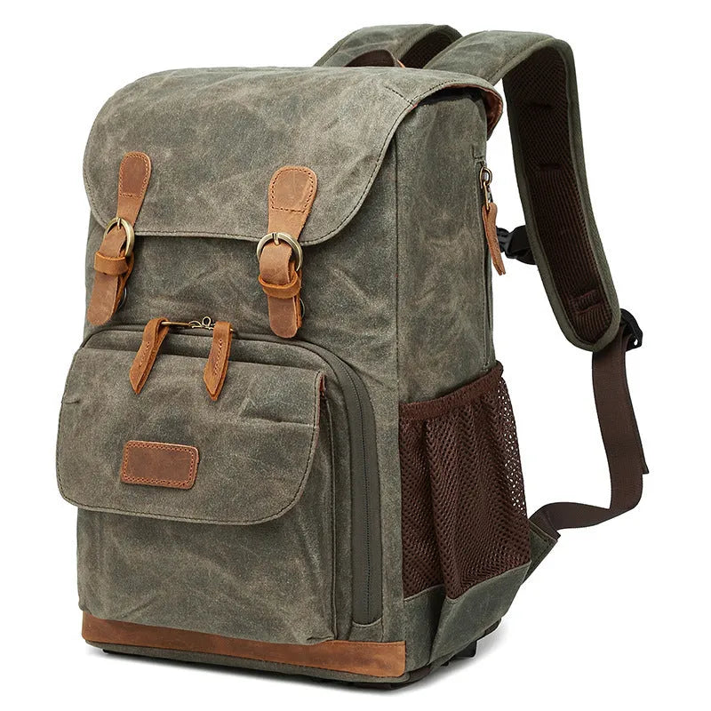 Canvas DSLR camera backpack in khaki colour with waterproof construction and backpack straps