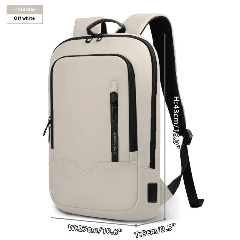 Solid colour polyester laptop backpack with USB charging port shown in olive green.