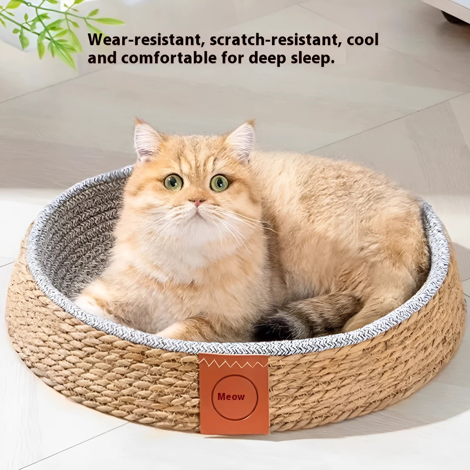 Woven rattan cat bed pet nest shown in a natural colour
