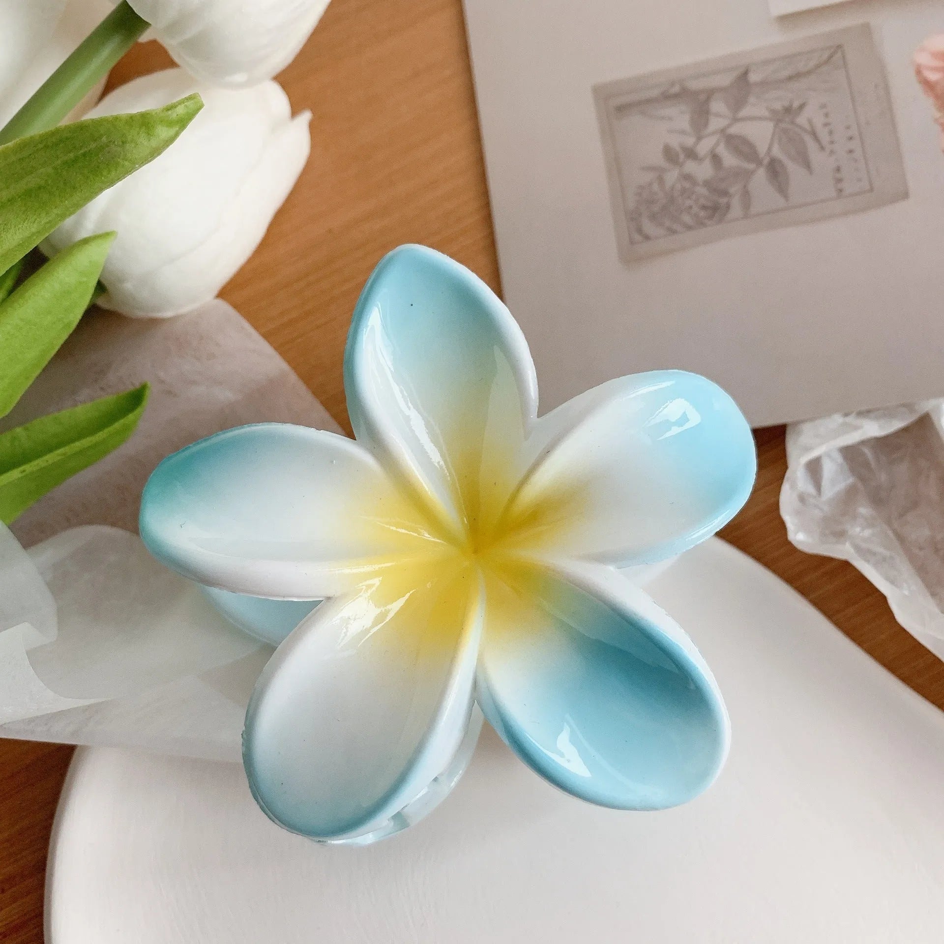 Muweordy plumeria hair clip in six colours plastic and resin floral claw clip for women