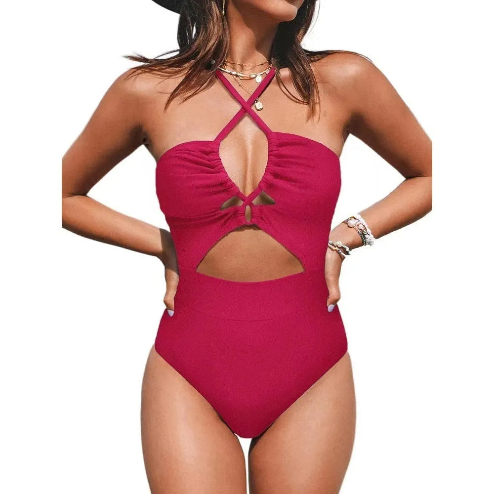Women's backless one-piece swimsuit in solid colour with Asian sizing