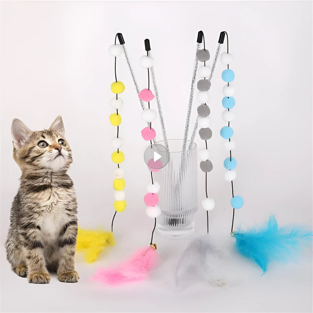Colourful cat teaser stick with acrylic pompons, feathers, and bell on 31cm lightweight rod