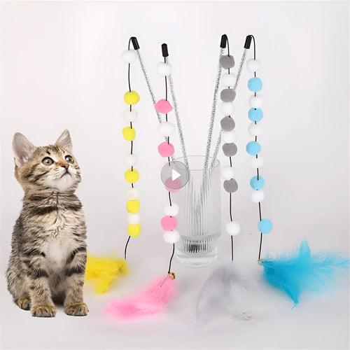 Colourful cat teaser stick with acrylic pompons, feathers, and bell on 31cm lightweight rod